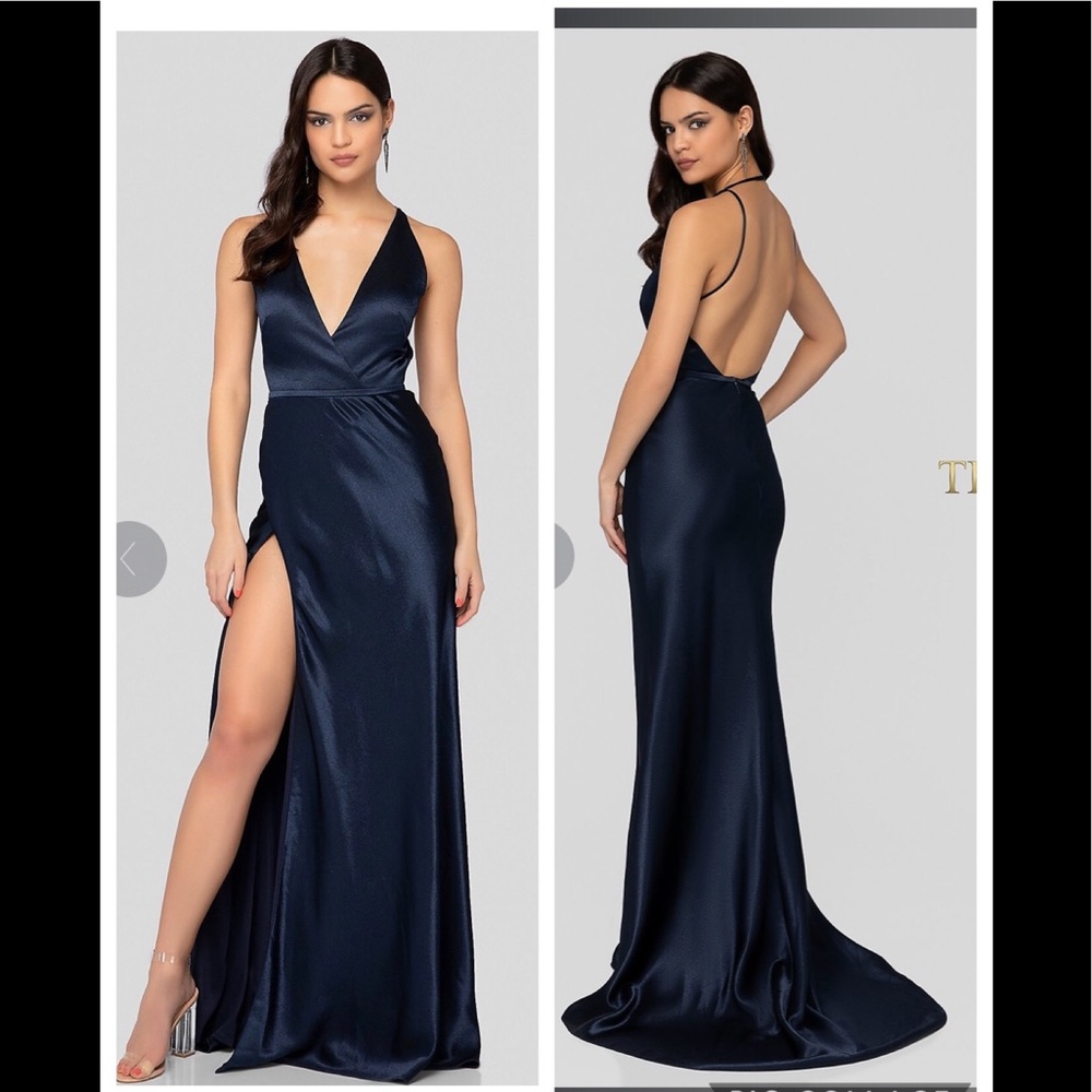 Terani Couture Navy Satin Gown Size 10